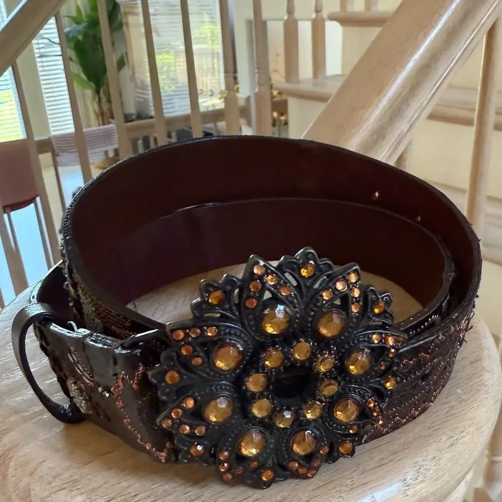 Chico's Embellished Round Buckle Leather Belt In Brown M NWOT